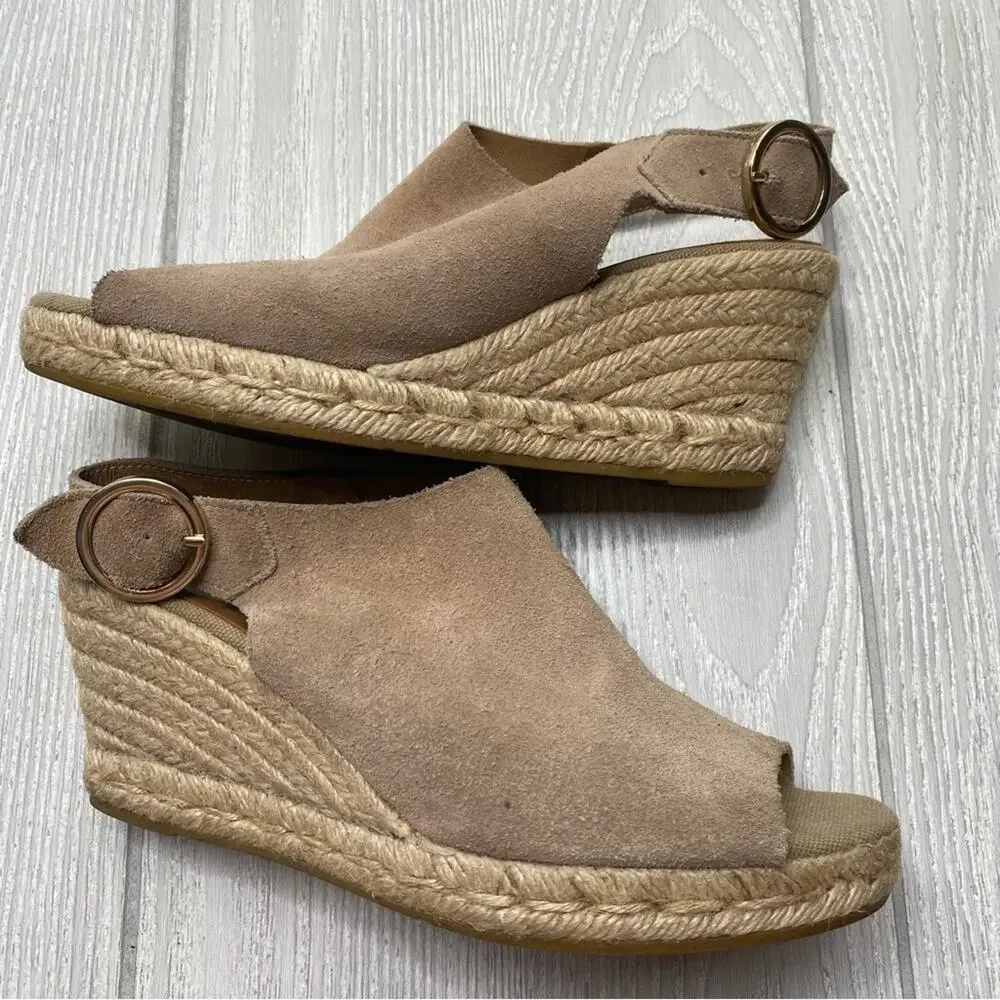 Kanna Tan Suede Leather Peep Toe Espadrille Wedges Size 7.5 EU 38
